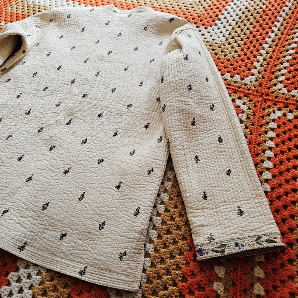 Vintage Reversible Quilted Floral Cream Off-White Light Asian Tang Style Jacket - Picture 15 of 16